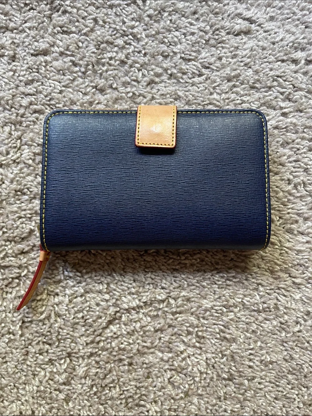 Dooney & Bourke Navy Leather Zip-Around Card Holder with Tan Trim